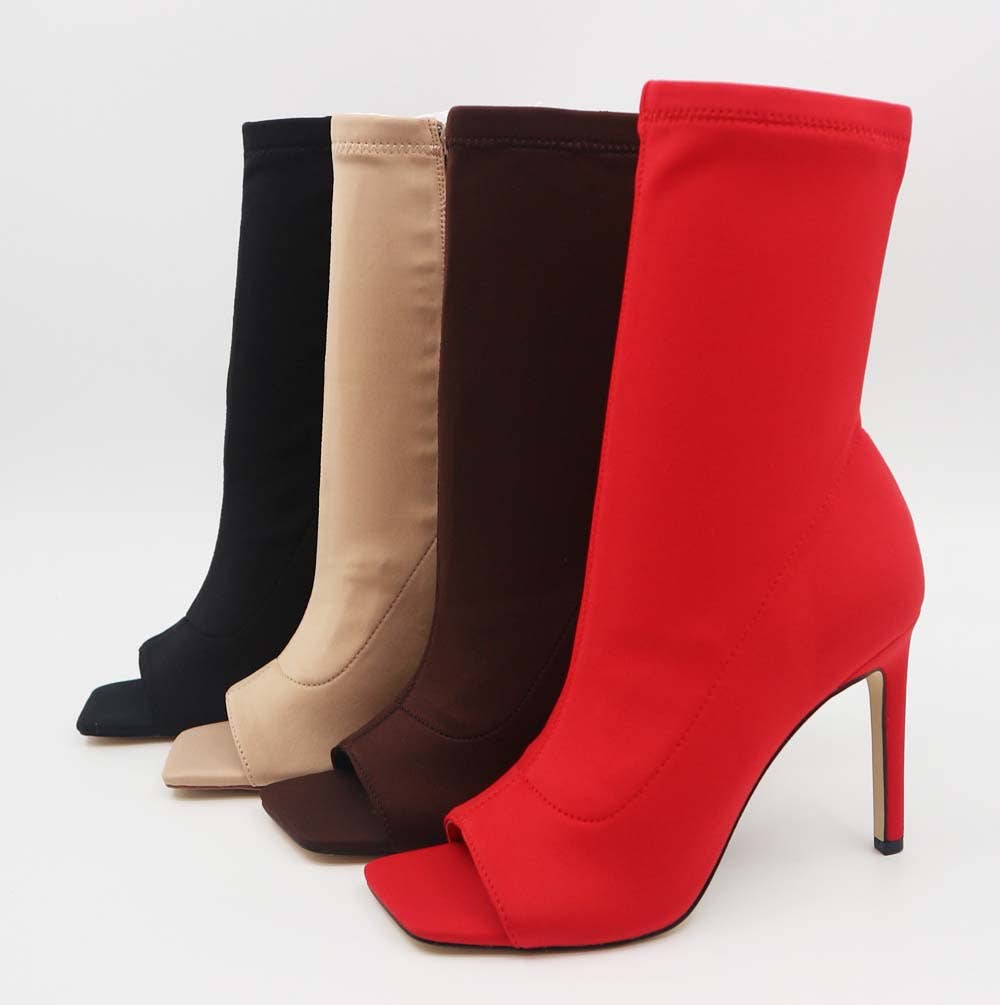 Bamboo ENDLESS-03 Women Open Toe Heeled Sock Booties-12 Pairs Pack-25.55/Pair: BROWN LYCRA FABRIC / 12B-6(1)-6.5(1)-7(1)-7.5(1)-8(2)-8.5(2)-9(2)-10(2)