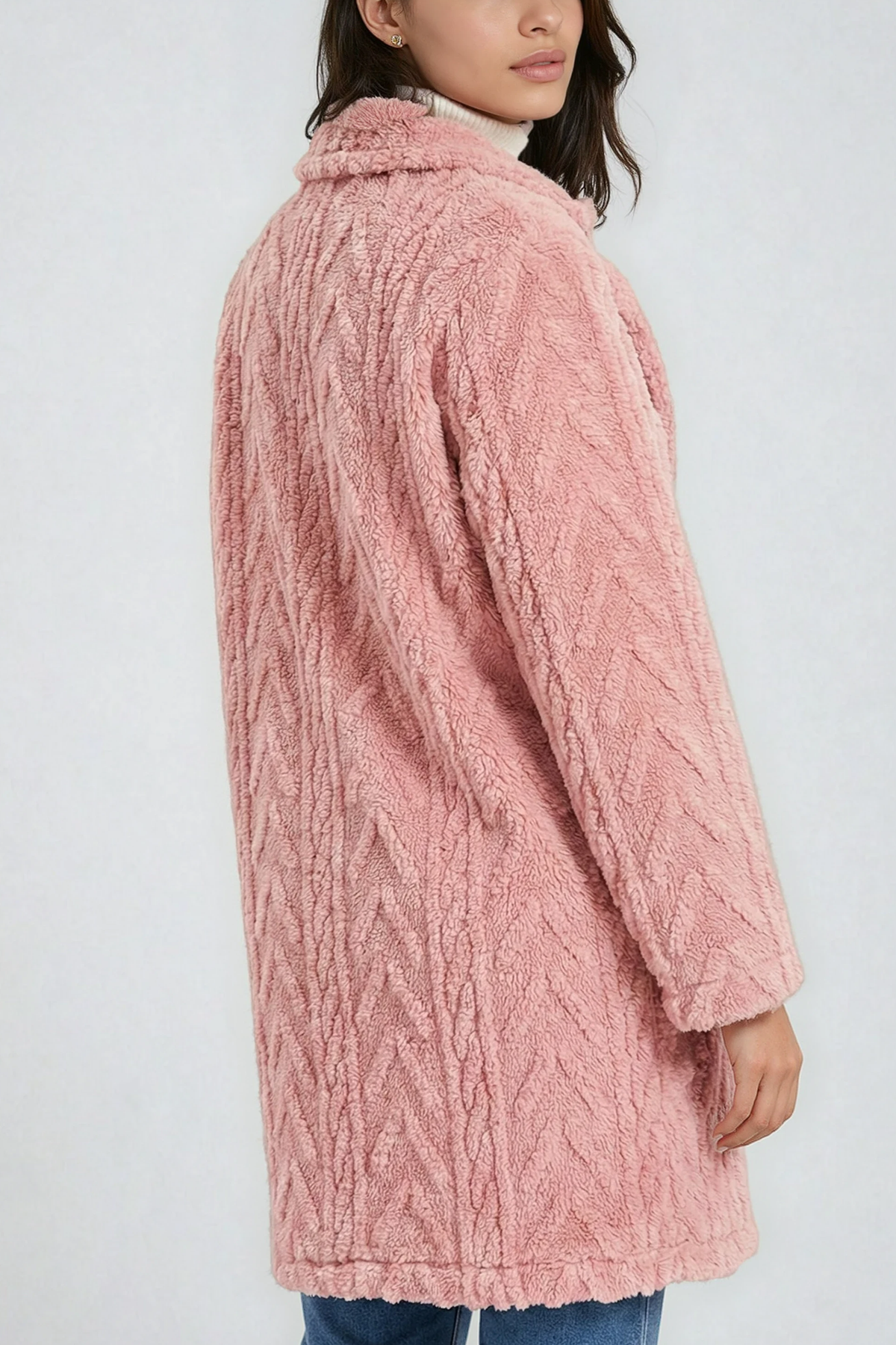 Houndstooth Pattern Fleece Coat: Pink / S