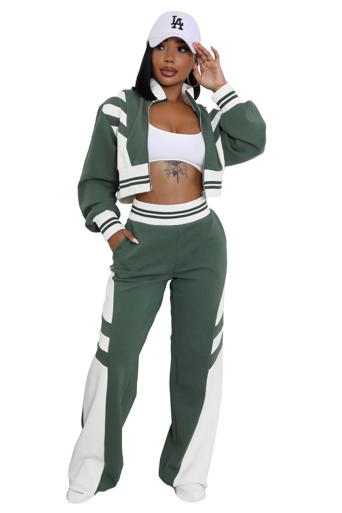 WOMEN FASHION CASUAL TWO PIECE PANT SET: Green / XL