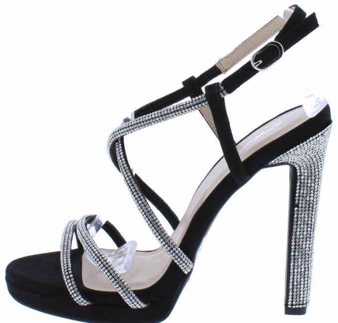 Black Suede Platform Heels with Rhinestone Details