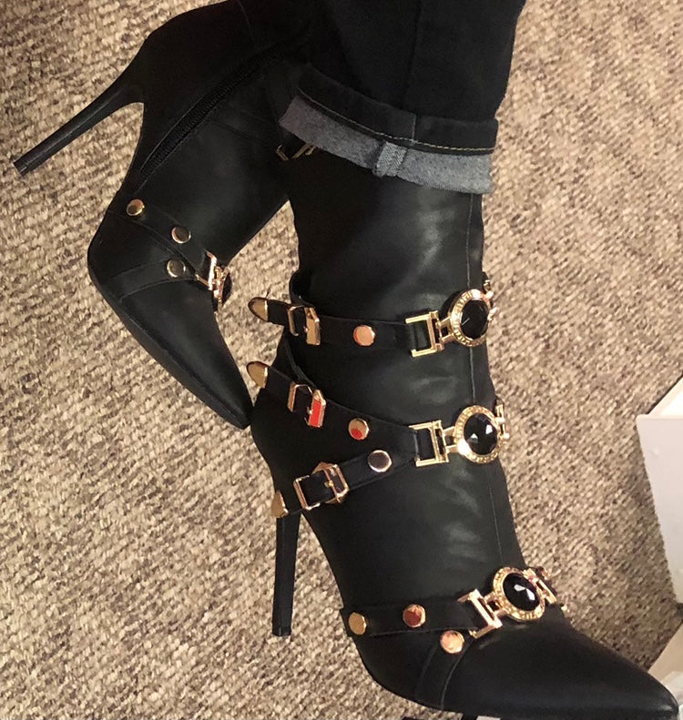 Black Buckle Strap Heeled Boots