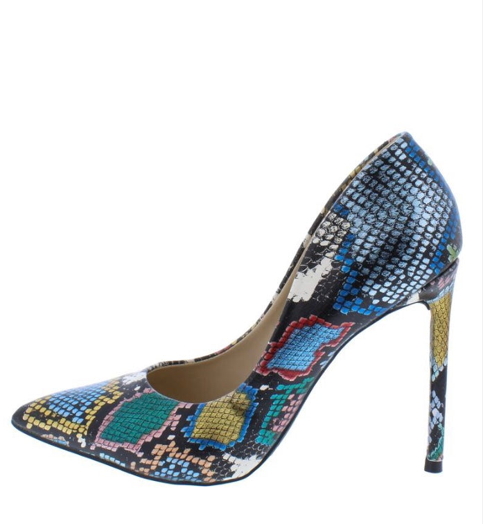 Multi-Color Blue Snake Print Pointed-Toe Stilettos