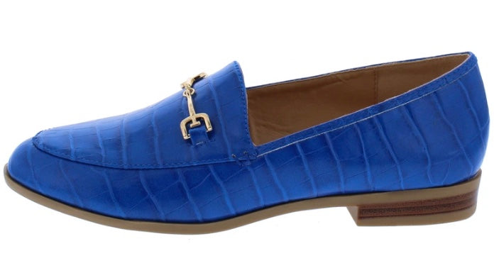 Blue Croc-Embossed Chain Loafers