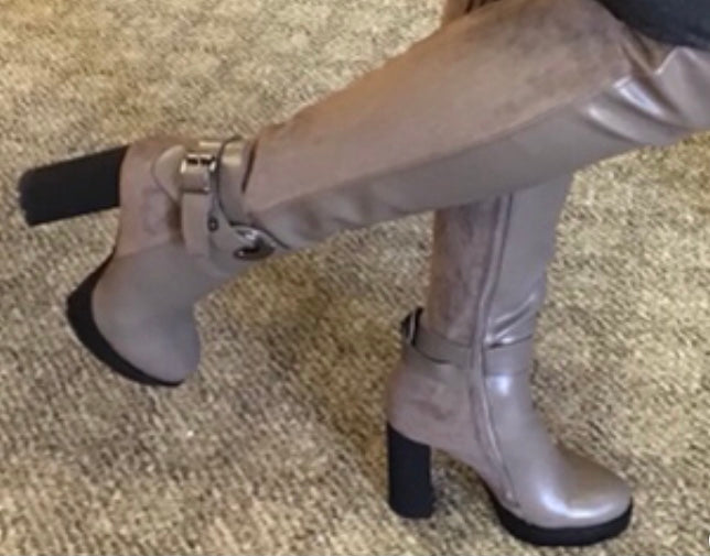 Taupe Knee-High Block Heel Boots