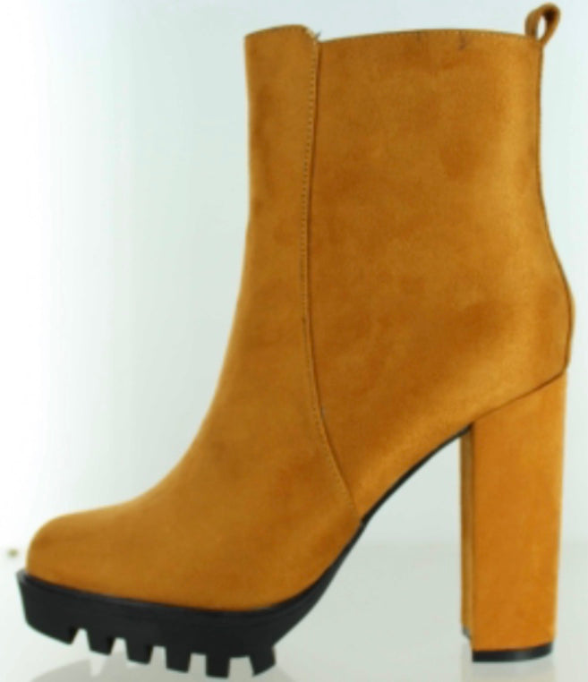Camel Platform Block Heel Boots