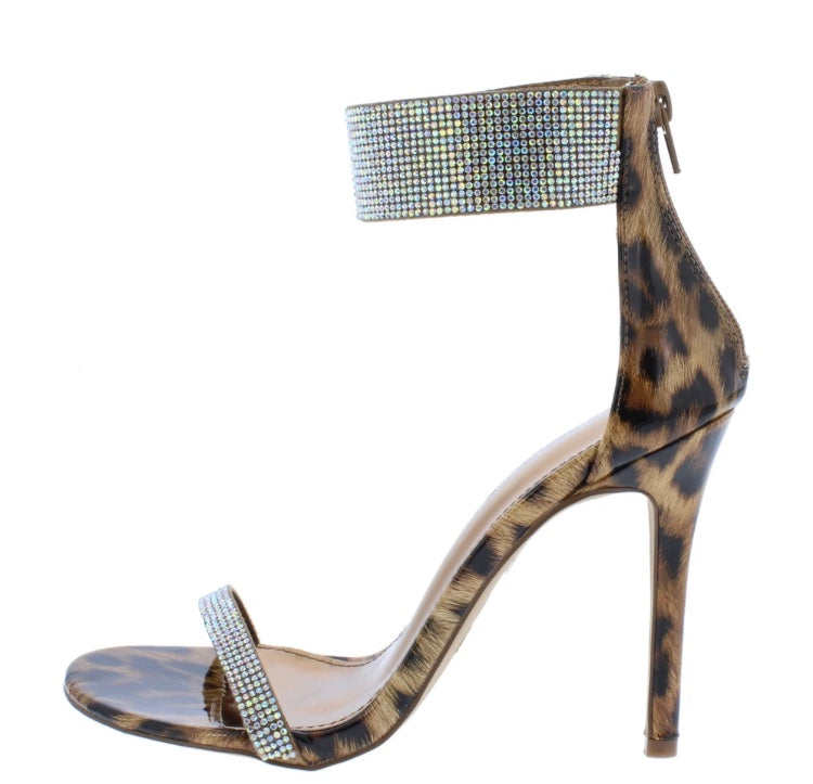 Leopard Print Heels with Rhinestone Ankle Strap