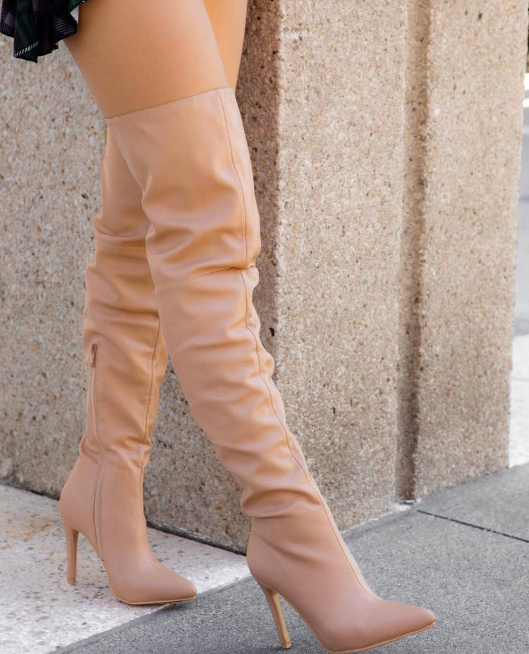 Beige Over-the-Knee Block Heel Boots