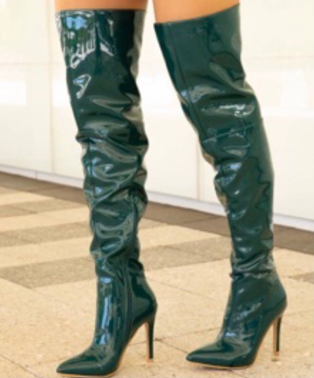 Green Patent Over-the-Knee Stiletto Boots