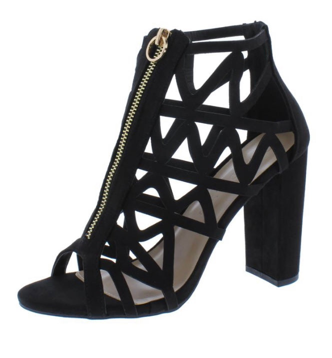 Black Zip-Up Strappy Open-Toe Block Heel Sandals