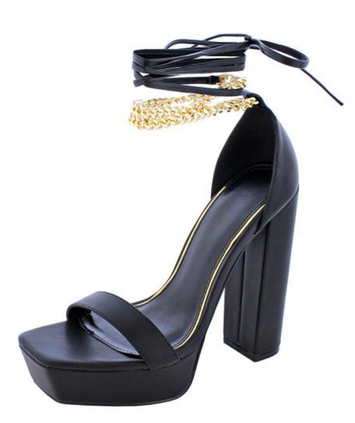 Black Platform Block Heels with Gold Strappy Tie-Up