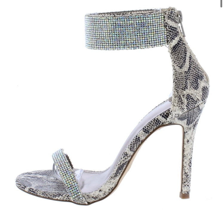 Snake Print Heels with Rhinestone Ankle Strap
