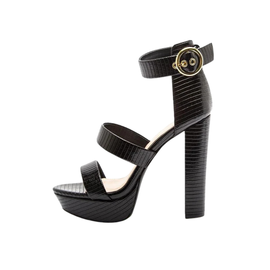 Black Lizard Print Block Heel