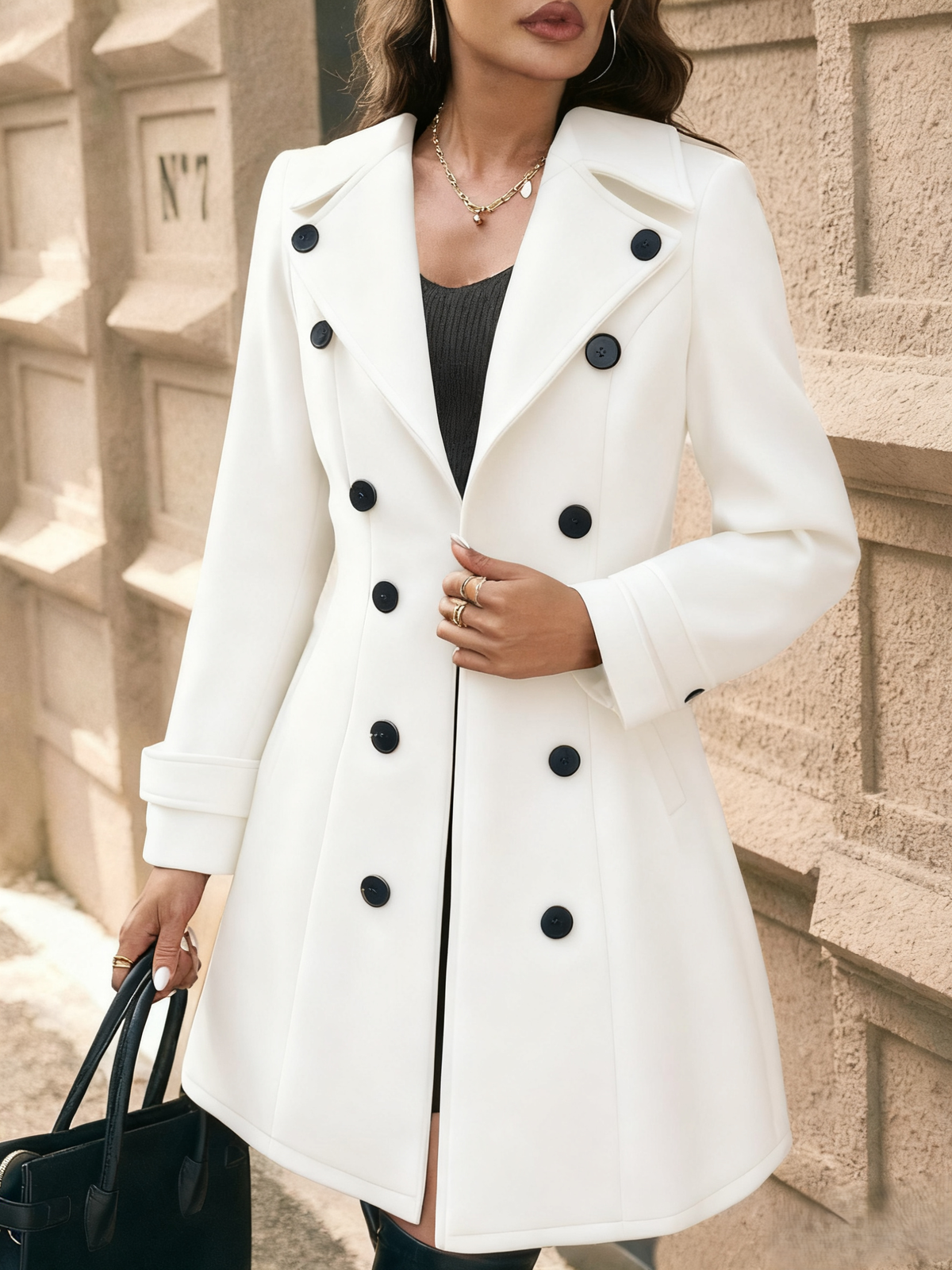 Elegant Lapel Mid-Length Fashion Coat: Apricot / XL