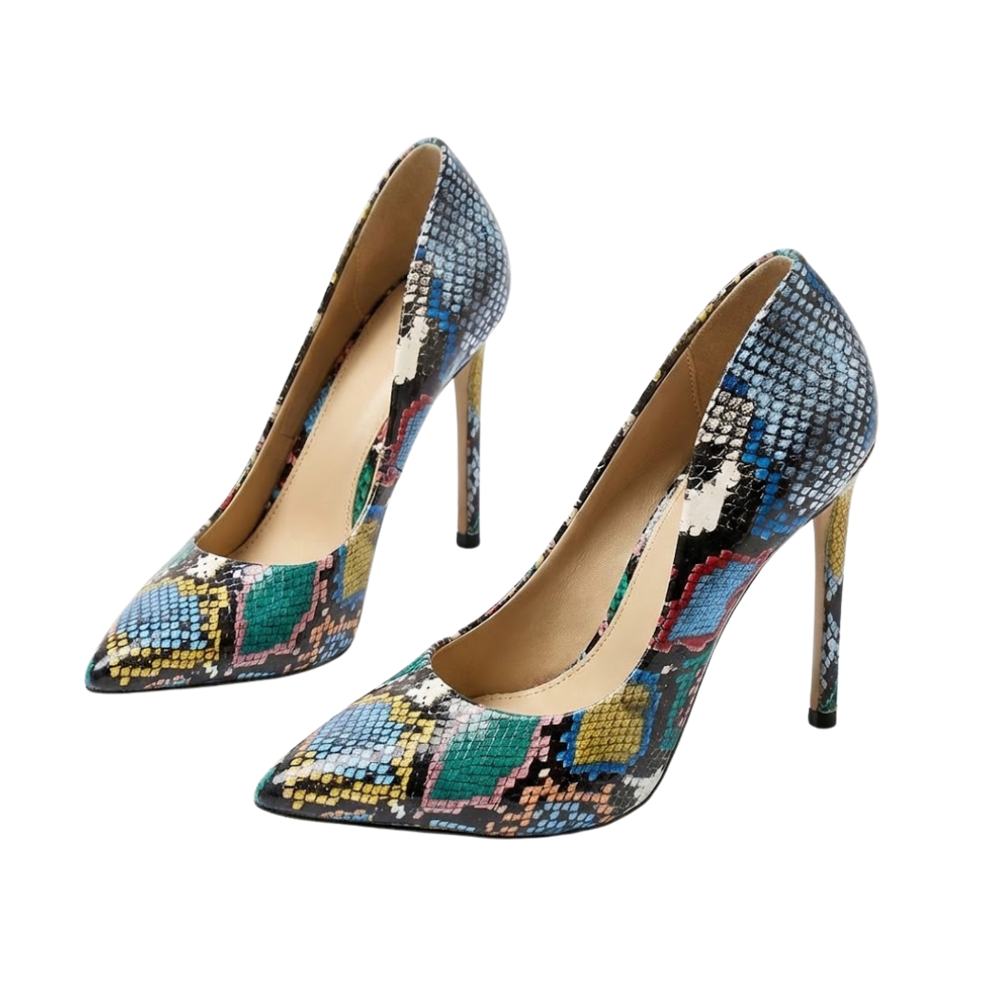 Multi-Color Blue Snake Print Pointed-Toe Stilettos