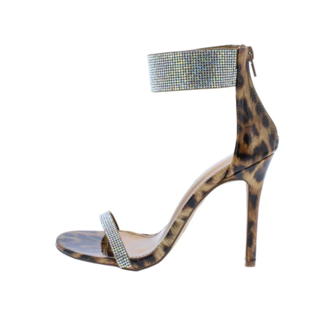Leopard Print Heels with Rhinestone Ankle Strap