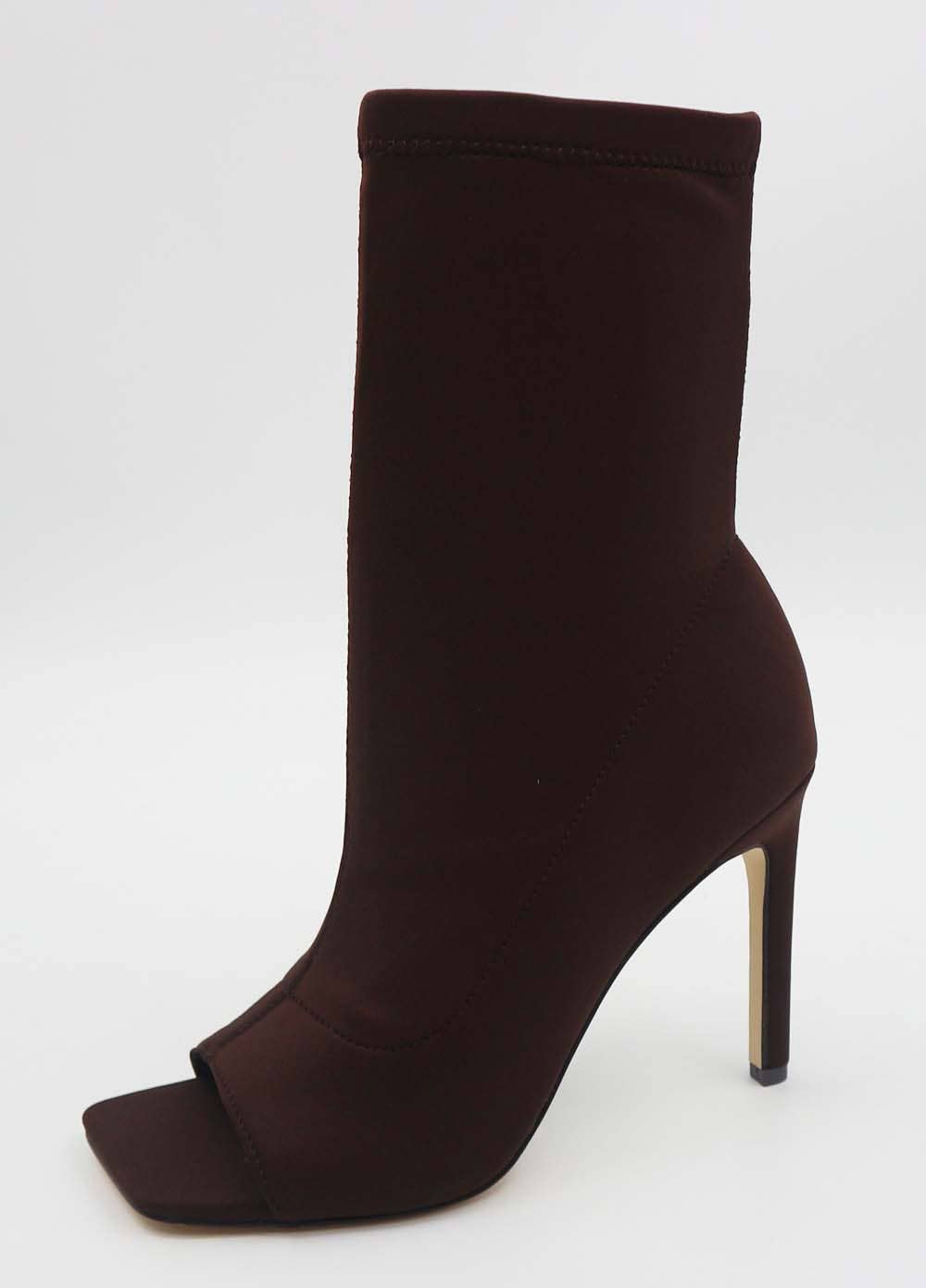 Bamboo ENDLESS-03 Women Open Toe Heeled Sock Booties-12 Pairs Pack-25.55/Pair: BROWN LYCRA FABRIC / 12B-6(1)-6.5(1)-7(1)-7.5(1)-8(2)-8.5(2)-9(2)-10(2)