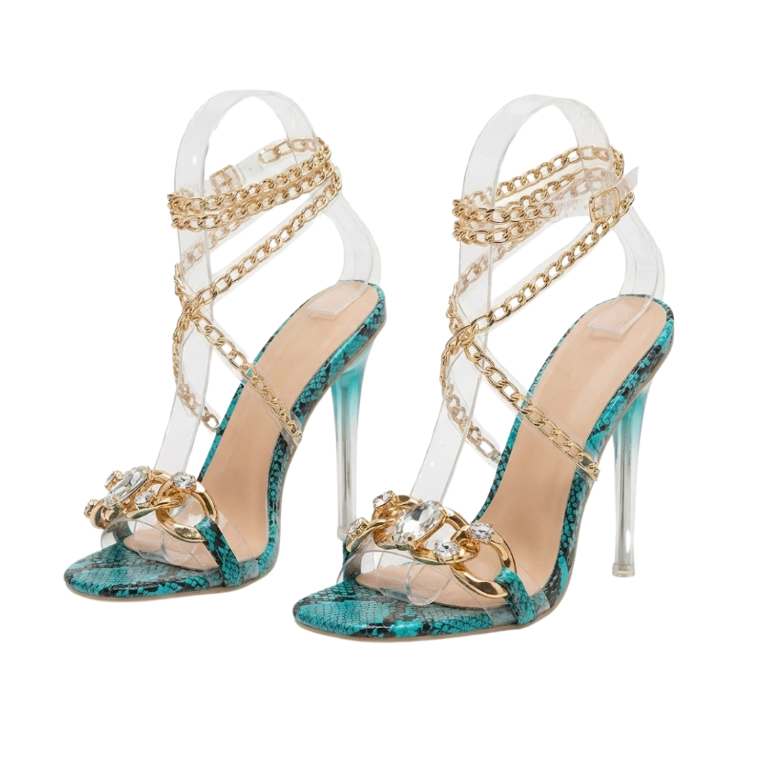 Clear Chain Strap Heels with Stone Details