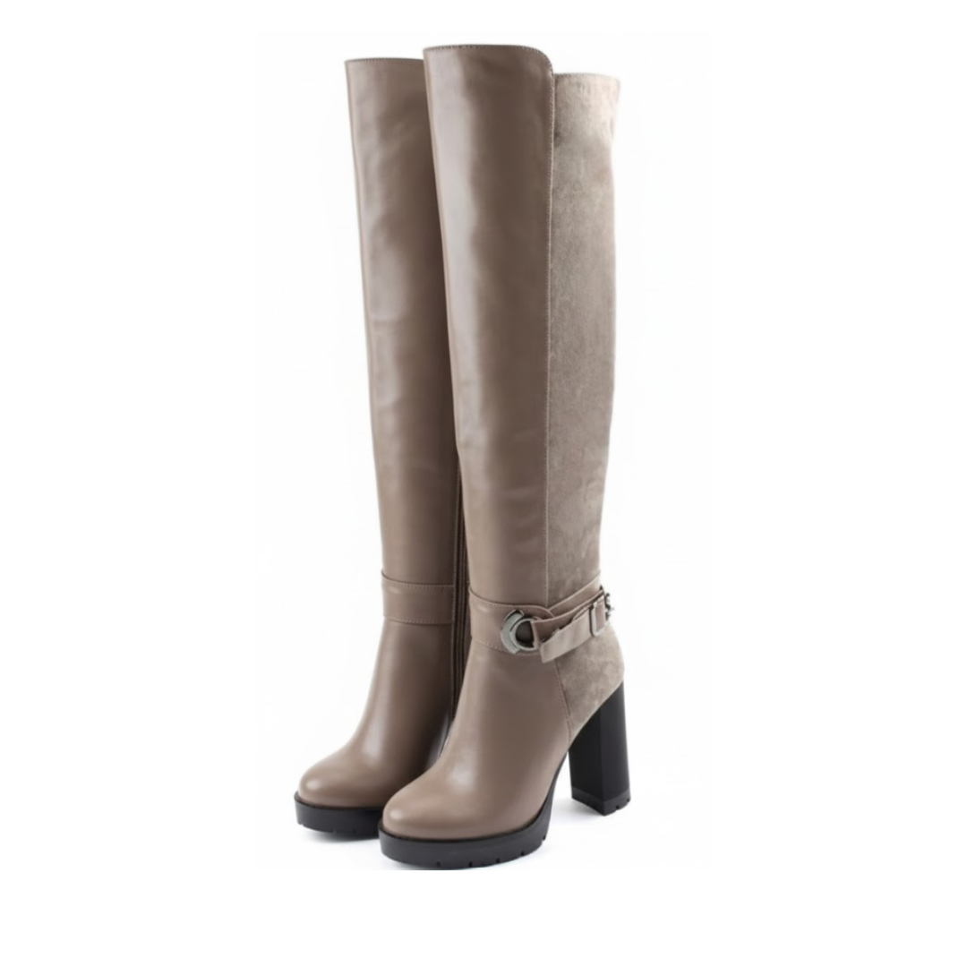 Taupe Knee-High Block Heel Boots