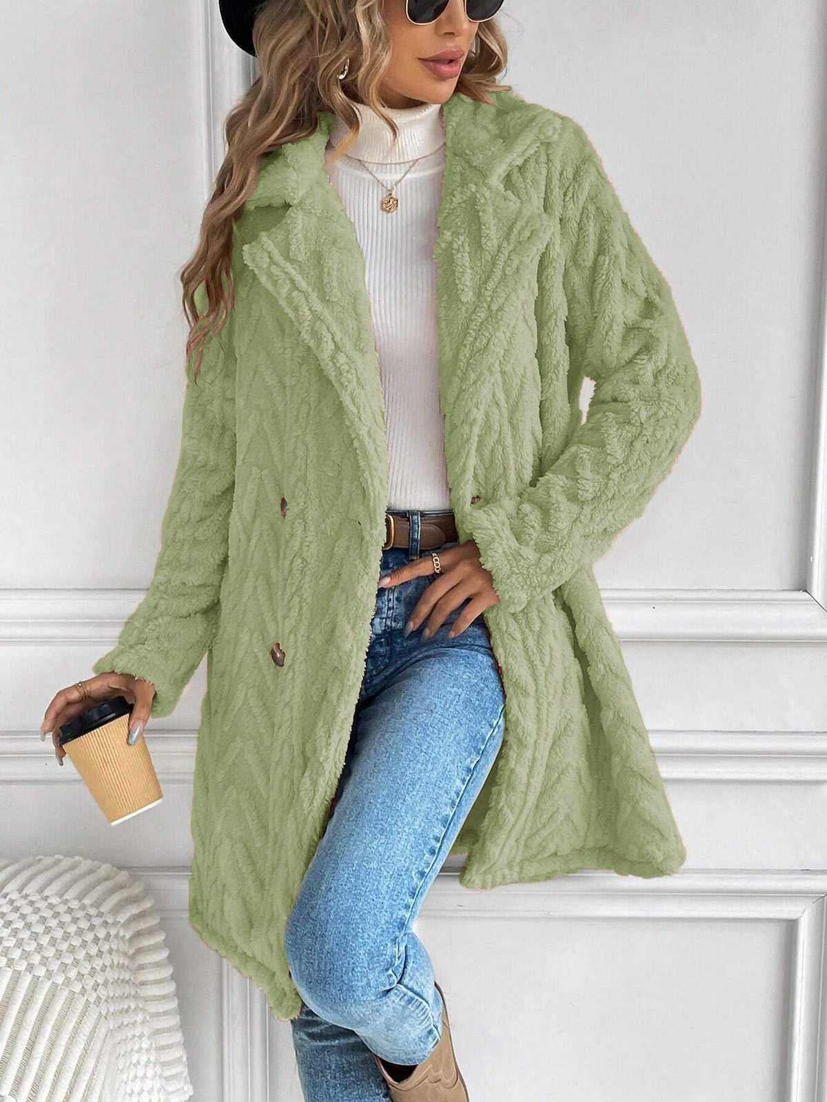 Houndstooth Pattern  Fleece Coat: Cream / XL