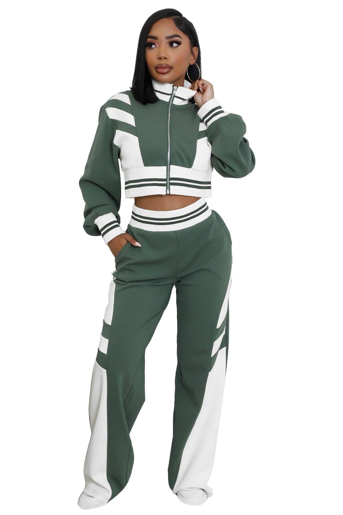 WOMEN FASHION CASUAL TWO PIECE PANT SET: Green / XL
