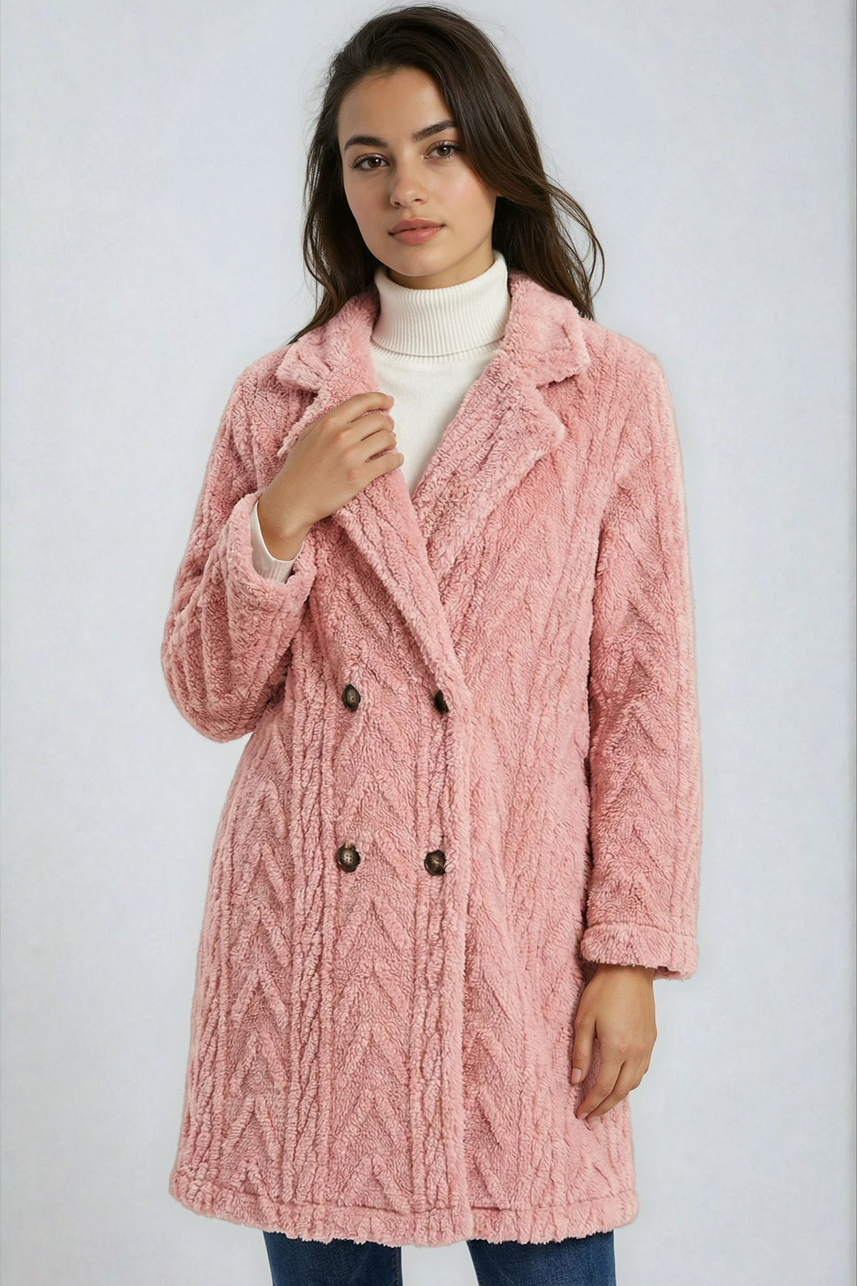 Houndstooth Pattern  Fleece Coat: Pink / XL