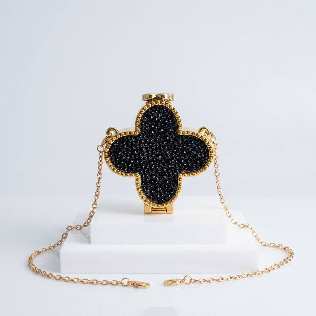 Mini Black Quatrefoil Sparkle Crossbody Compact: Black / Gold / 3.5 x 3.5 x 1.25 inches
