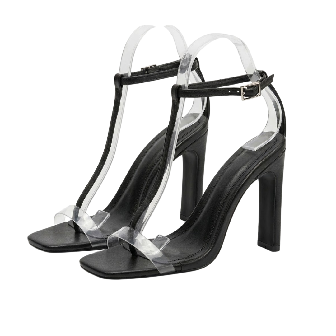 Black Clear Strap T-Strap Block Heel Sandals