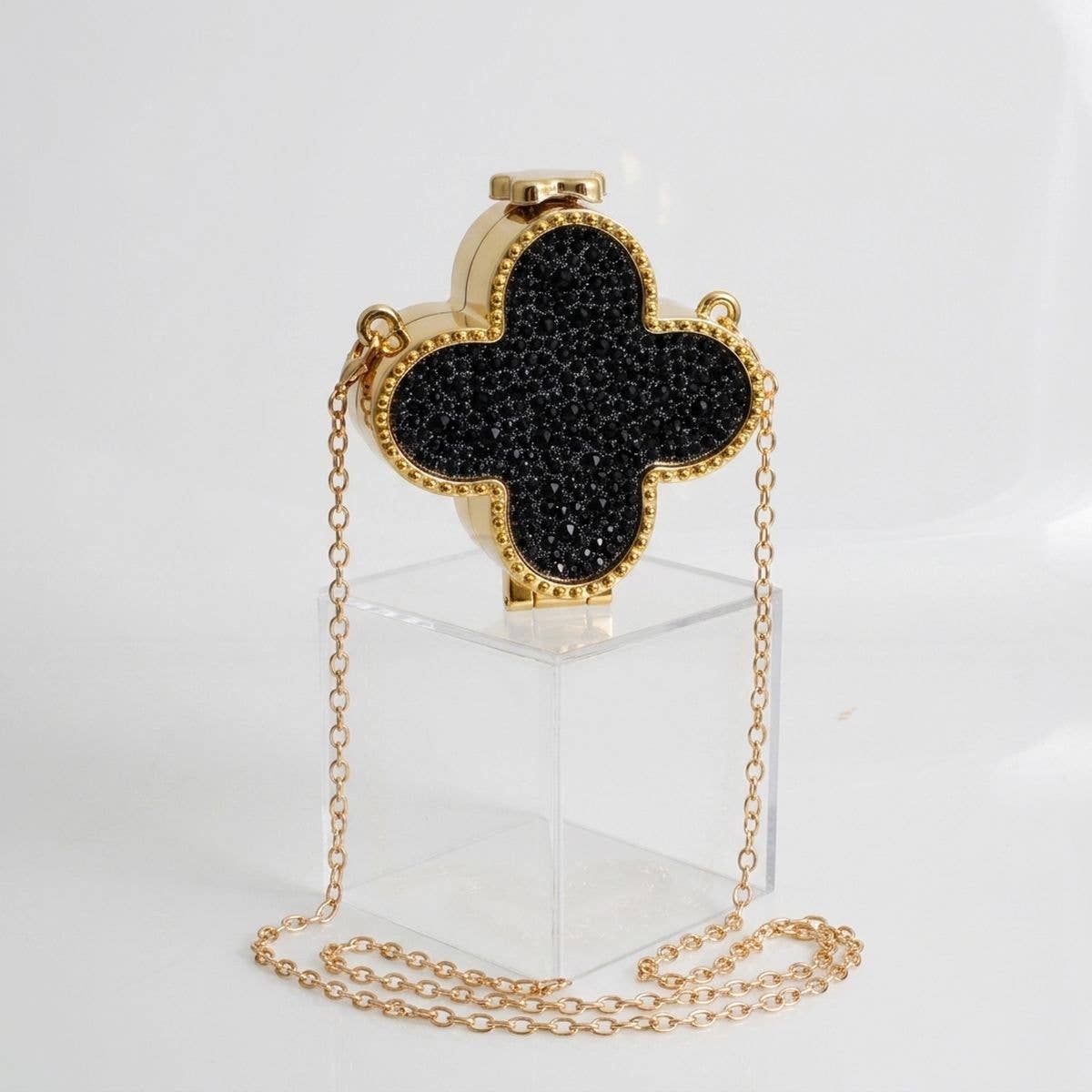 Mini Black Quatrefoil Sparkle Crossbody Compact: Black / Gold / 3.5 x 3.5 x 1.25 inches
