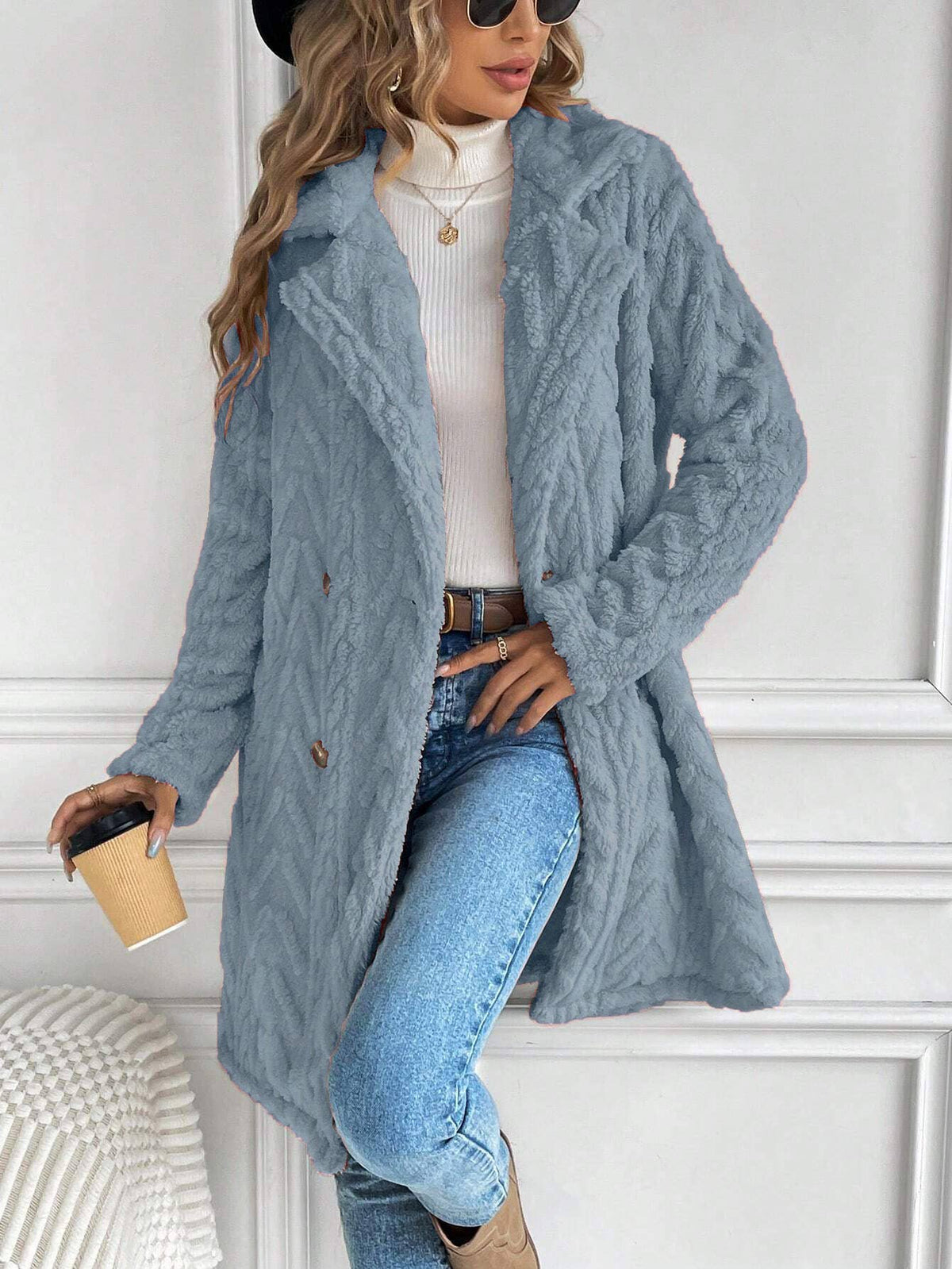 Houndstooth Pattern  Fleece Coat: Pink / XL
