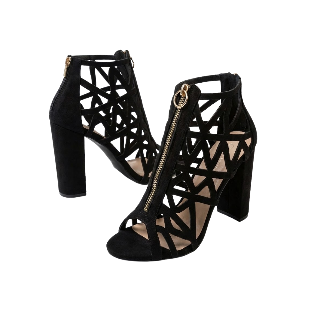 Black Zip-Up Strappy Open-Toe Block Heel Sandals