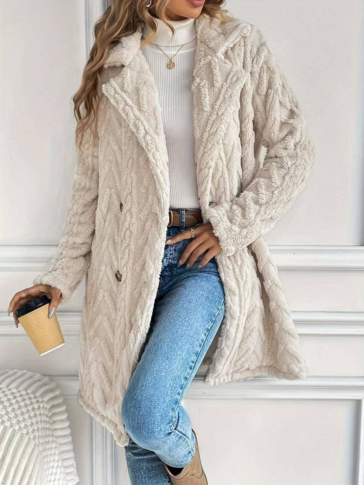 Houndstooth Pattern  Fleece Coat: Pink / S