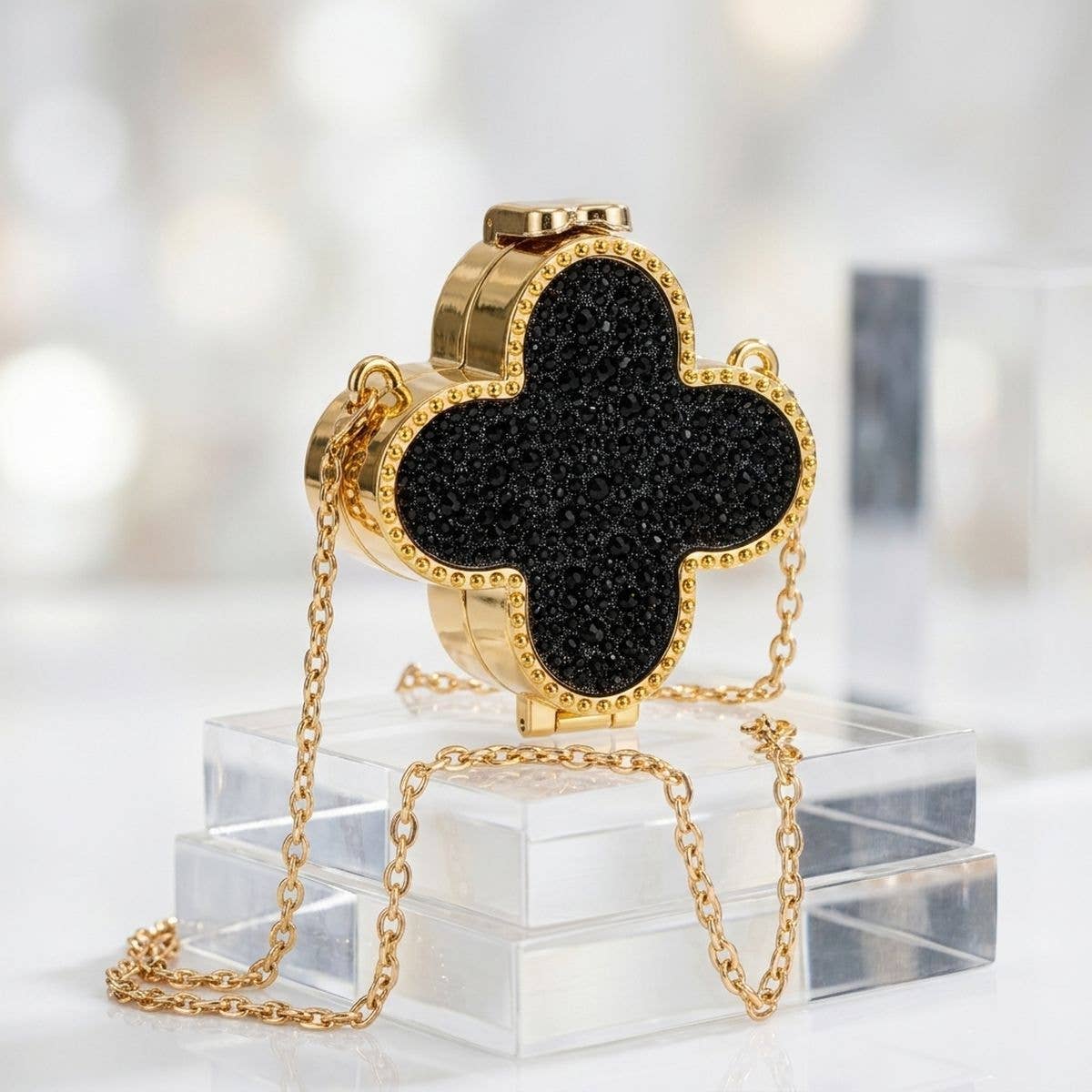 Mini Black Quatrefoil Sparkle Crossbody Compact: Black / Gold / 3.5 x 3.5 x 1.25 inches