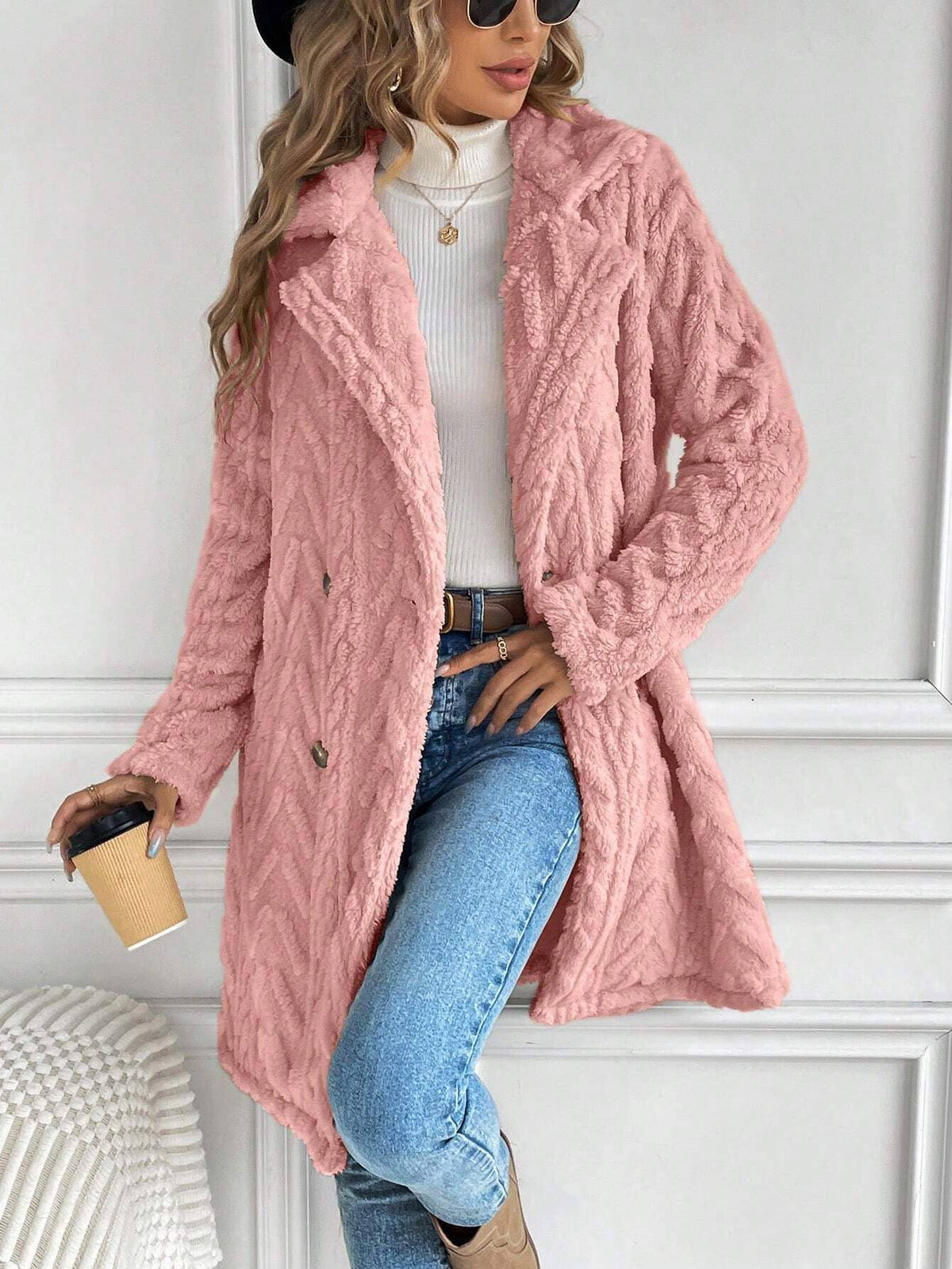 Houndstooth Pattern  Fleece Coat: Pink / XL
