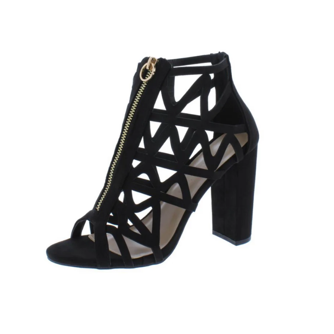 Black Zip-Up Strappy Open-Toe Block Heel Sandals