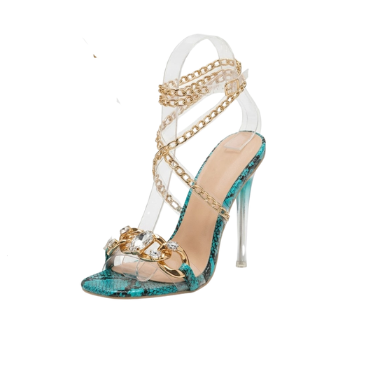 Clear Chain Strap Heels with Stone Details