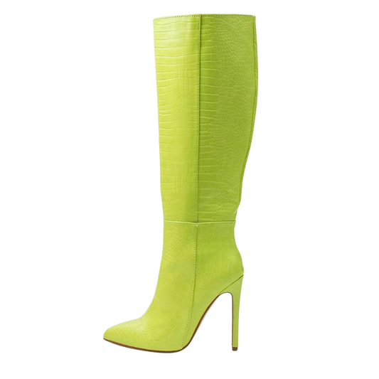 Neon Luxe Croc Knee-High Stiletto Boots