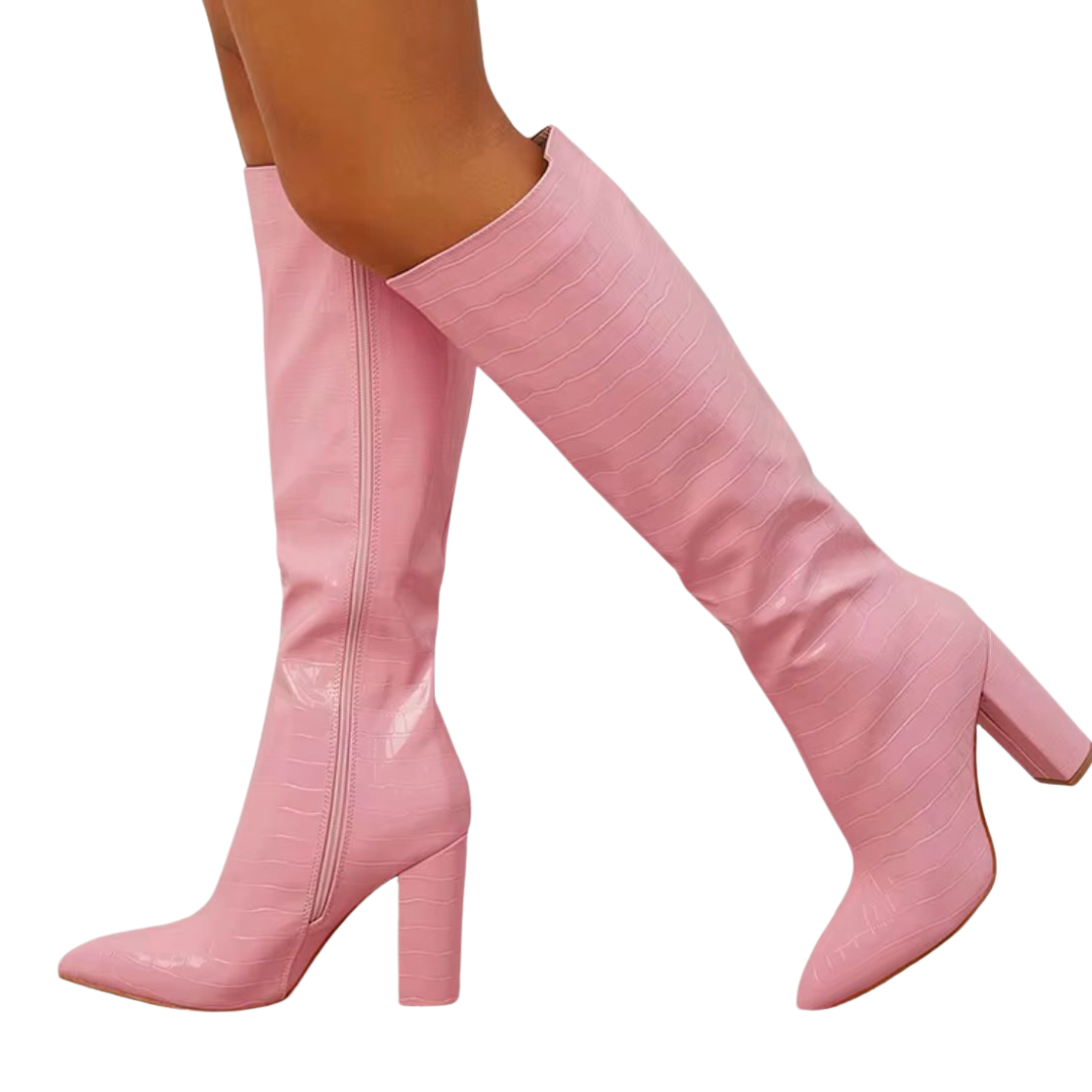Blush Croc Knee-High Block Heel Boots