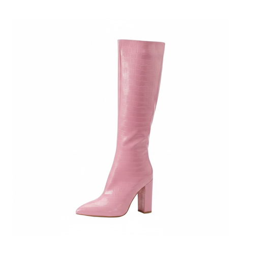 Blush Croc Knee-High Block Heel Boots