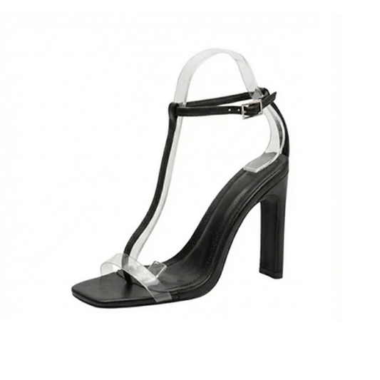 Black Clear Strap T-Strap Block Heel Sandals
