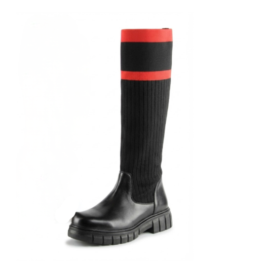Black Knee-High Combat Boots with Red Stripe
