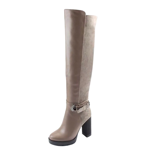 Taupe Knee-High Block Heel Boots