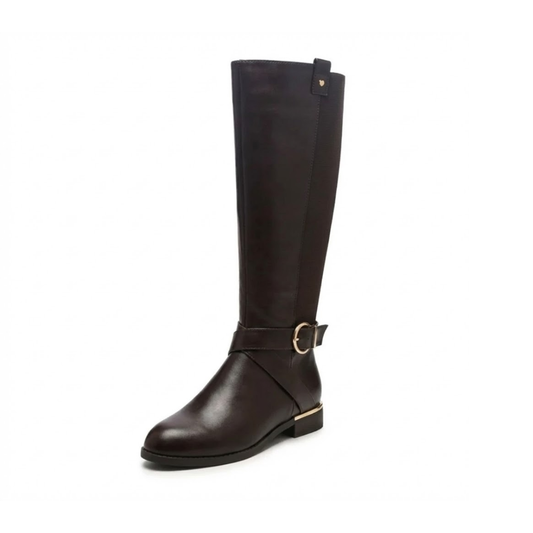 Classic Noir Buckle Knee-High Riding Boots Brown