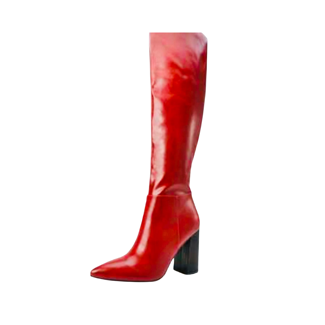 Star Red Knee-High Block Heel Boots