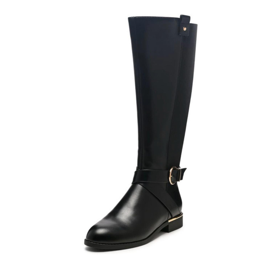 Classic Noir Buckle Knee-High Boots Black