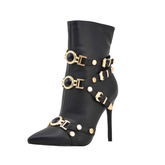 Black Buckle Strap Heeled Boots