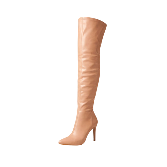 Beige Over-the-Knee Block Heel Boots