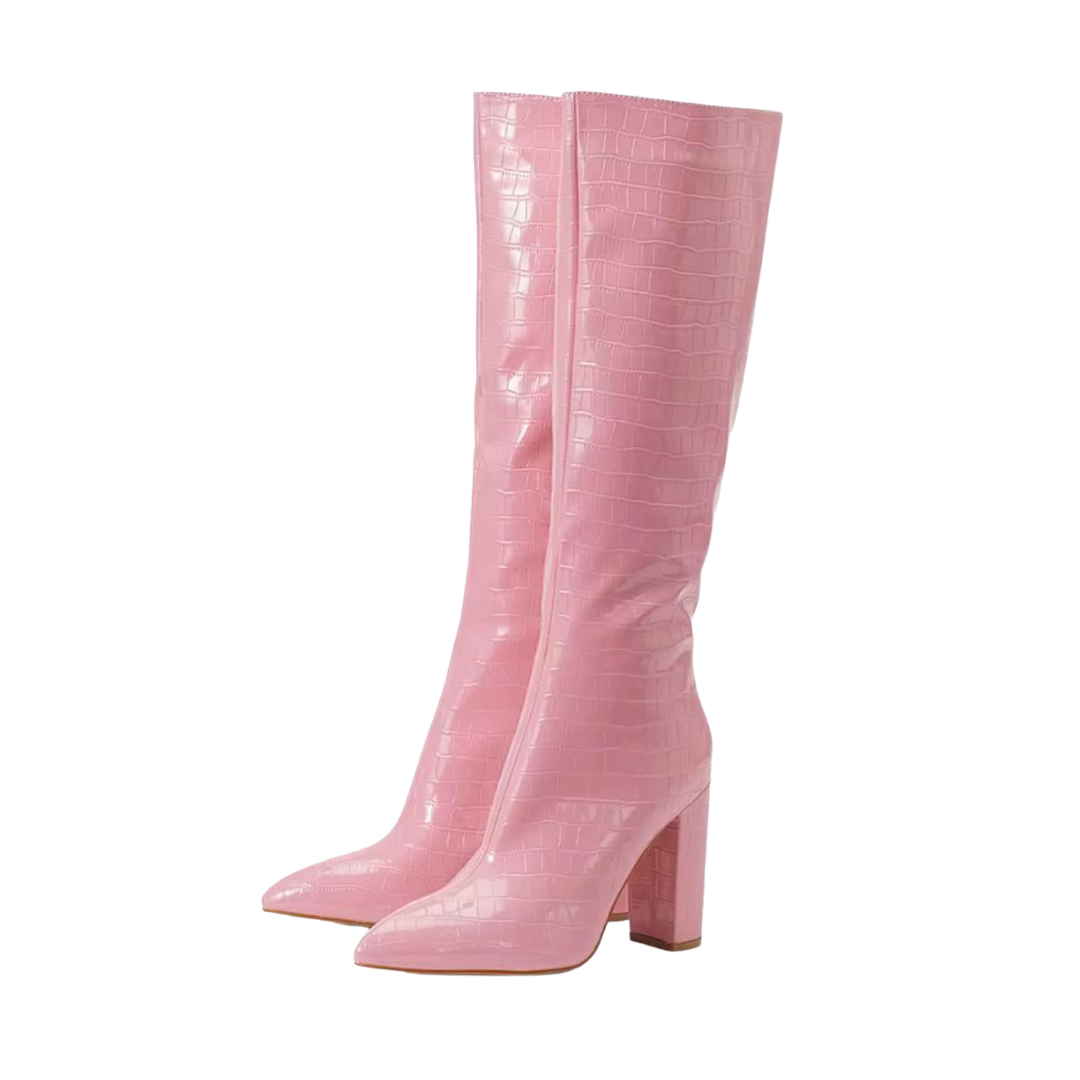 Blush Croc Knee-High Block Heel Boots