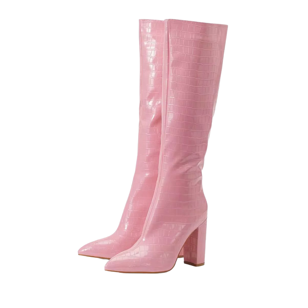 Blush Croc Knee-High Block Heel Boots