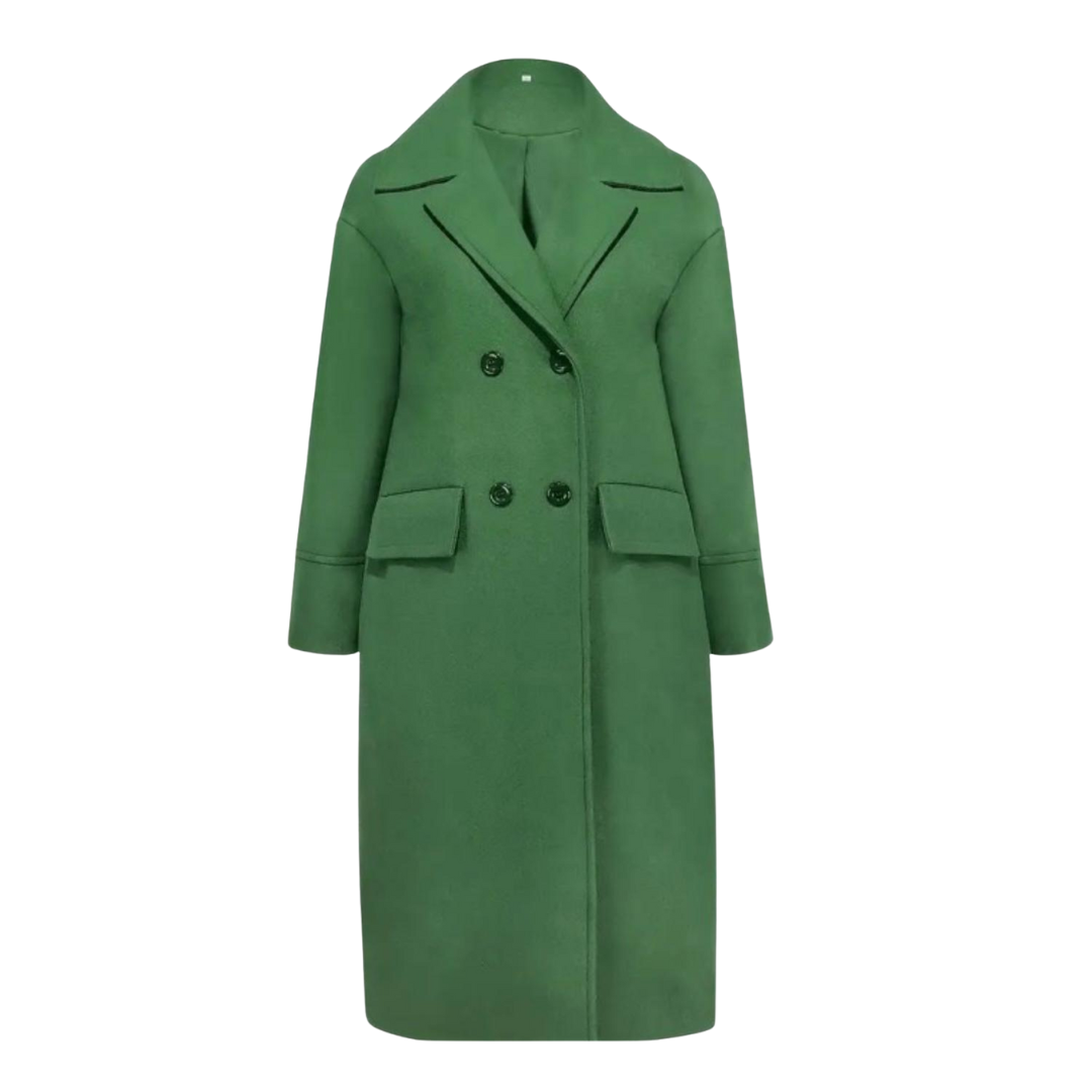Emerald Elegance Double-Breasted Long Coat