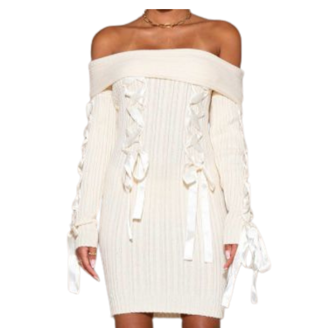 Ivory Elegance Lace-Up Sweater Dress